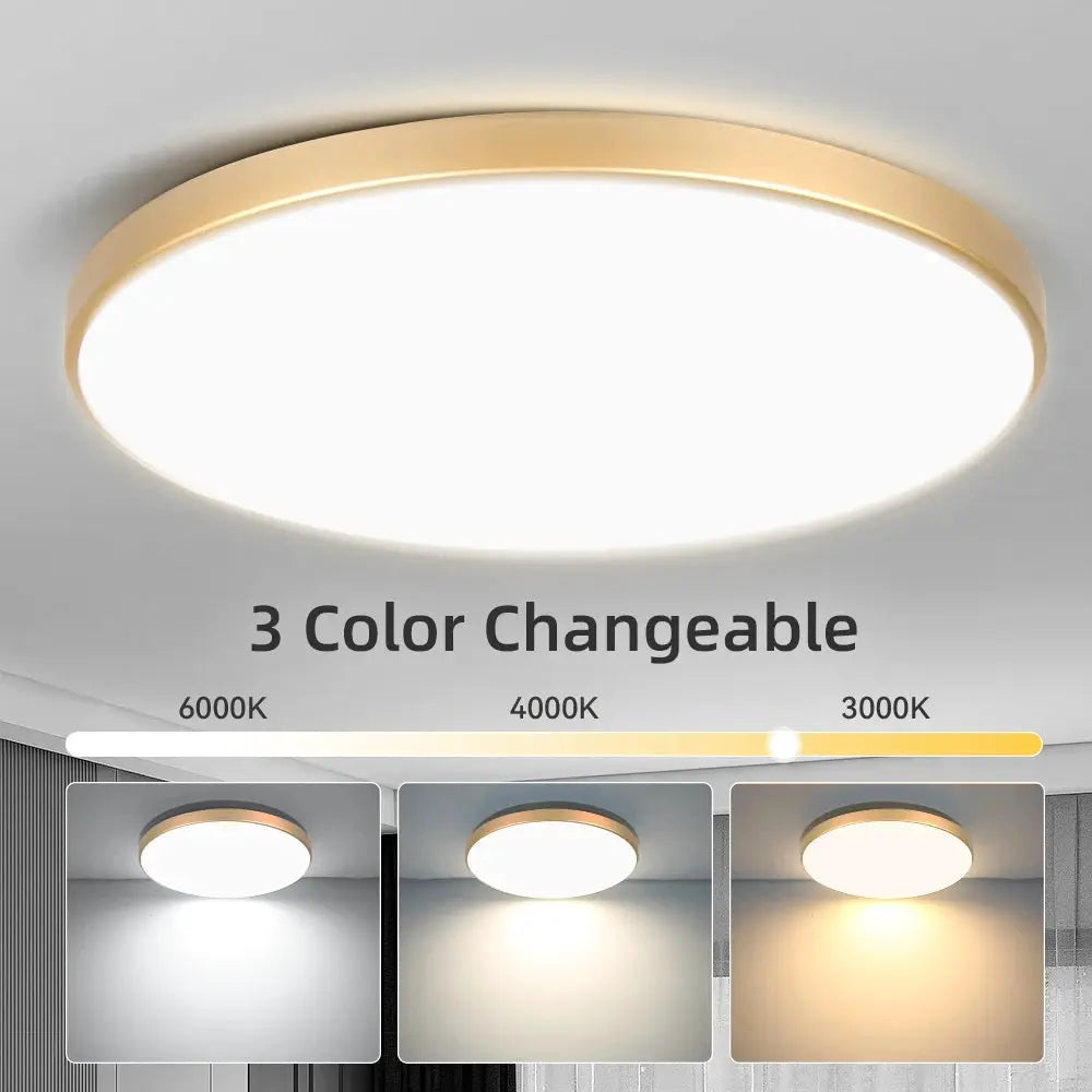 Golden round LED ceiling lamp with ultra-thin gold rim; 3-color temp (3000–6000K) for living room or bathroom.
