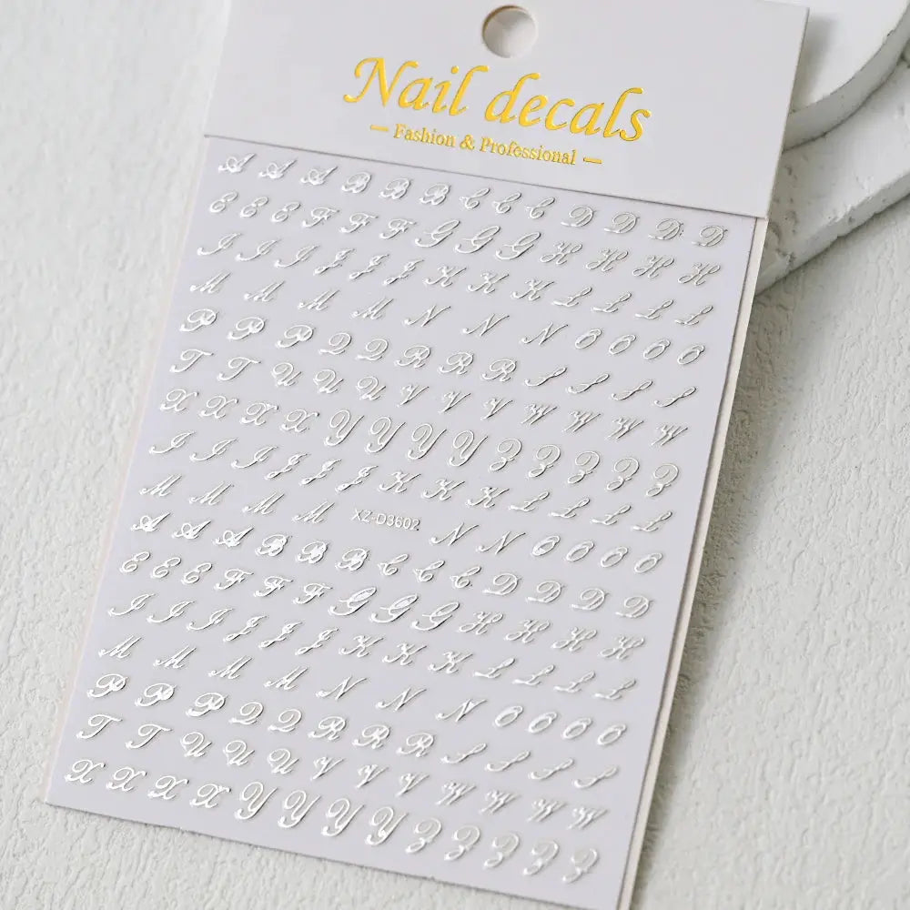 Simples Market 3D roman letter nail decals sheet with white lettering, self-adhesive manicure stickers