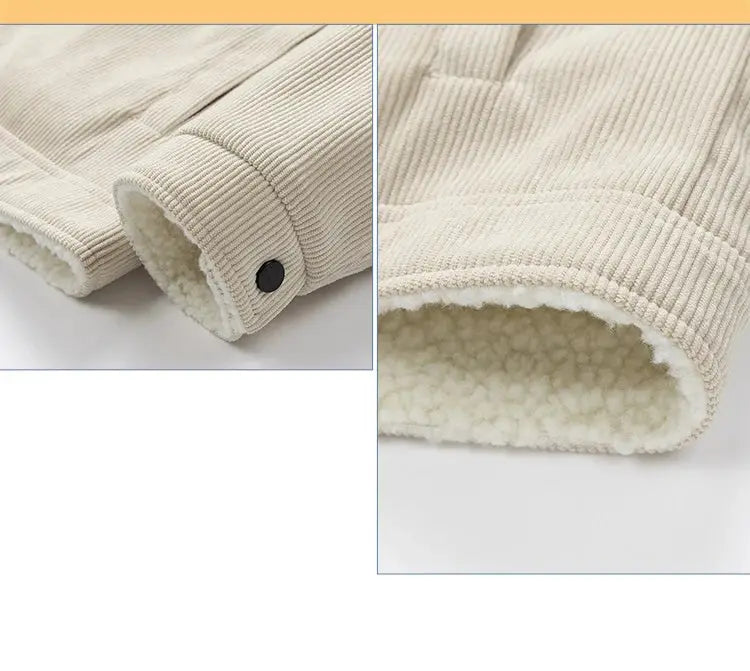 Men's beige corduroy coat with plush fleece lining and snap-button cuffs