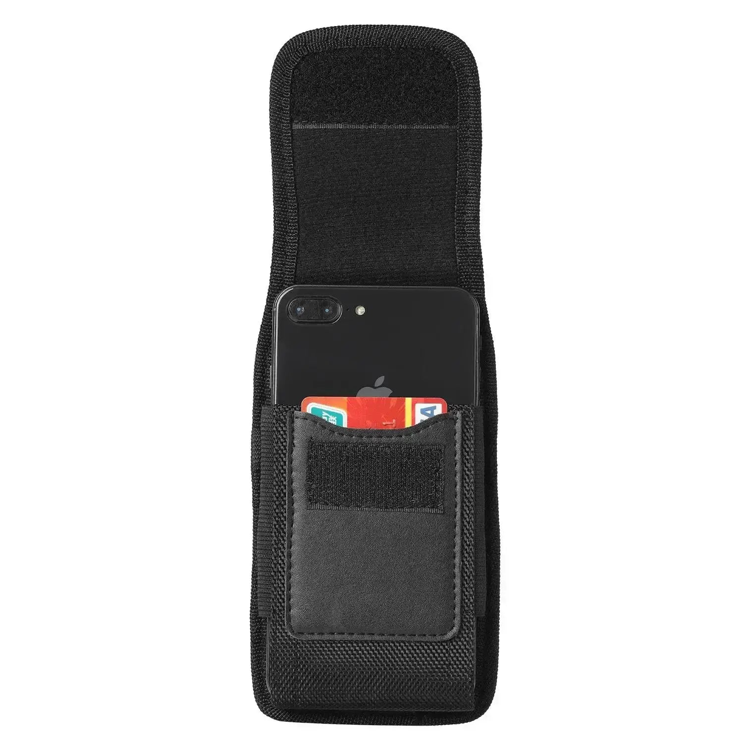Black nylon mobile phone waist bag with belt loop and card slots