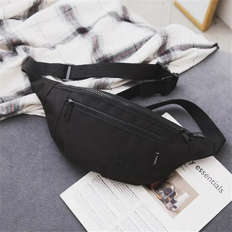 Black fanny pack waist bag with front double-zip pocket and adjustable strap