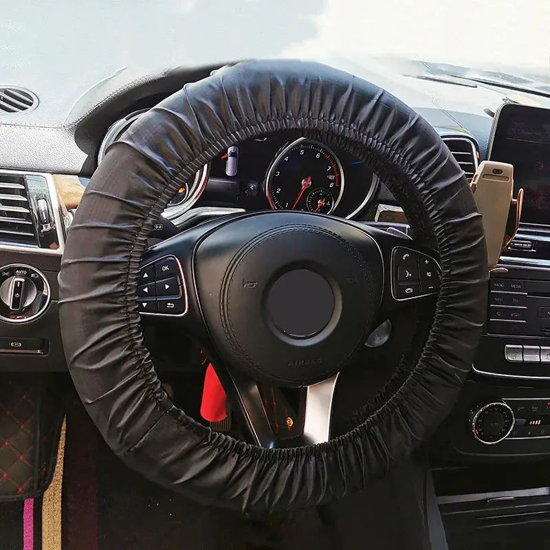 Steering wheel cover for car, black padded faux-leather look, universal fit