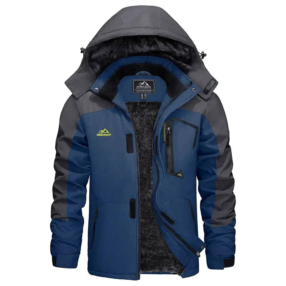 KEFITEVD men's winter ski jacket blue with gray sleeves, waterproof with thick fleece lining, Outdoorsport logo