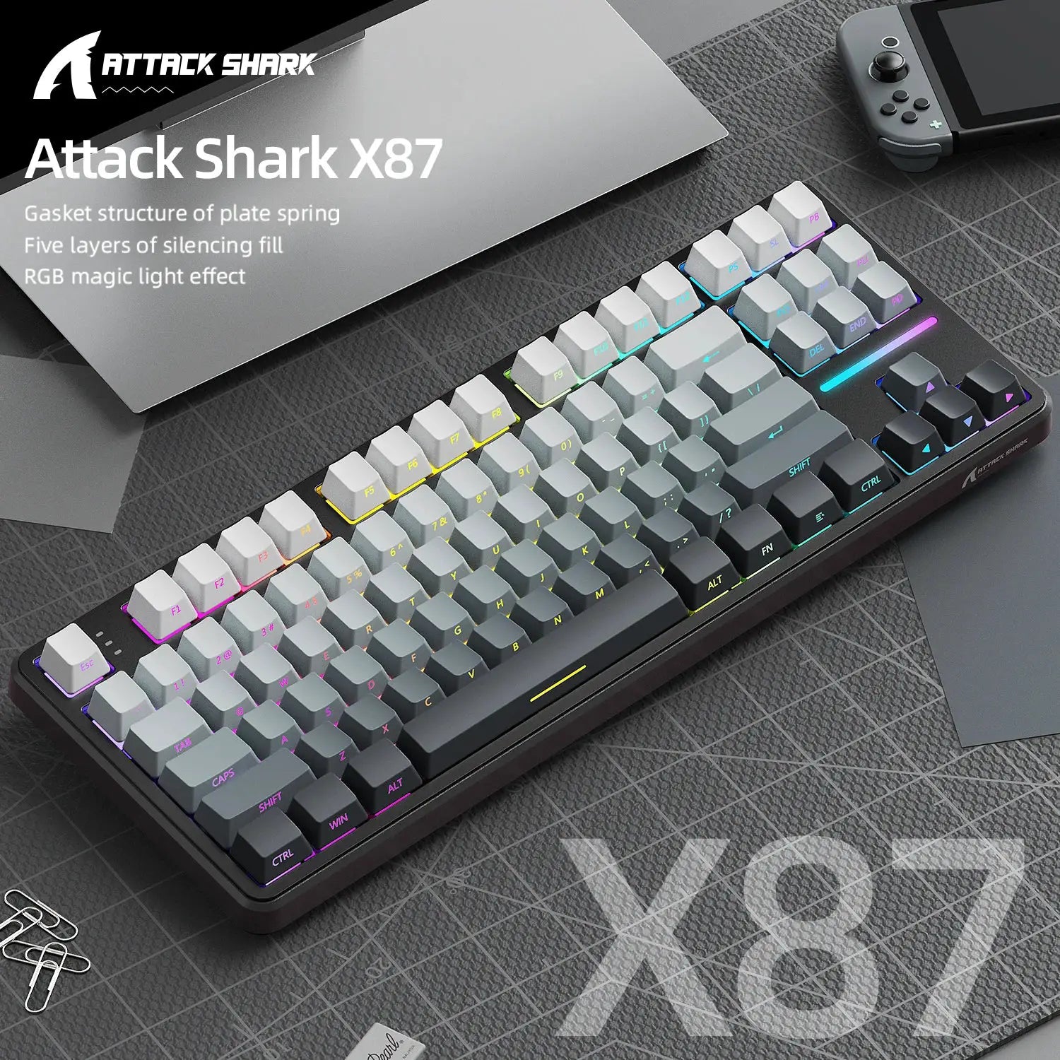 Attack Shark X87 Macro Drive Bluetooth Mechanical Keyboard 87 Key Hot Swappable RGB Lighting