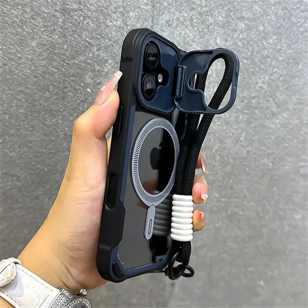 Armor Candy Color Clash MagSafe phone case in navy blue with built-in stand and wrist strap for iPhone 11–16 Pro/Max