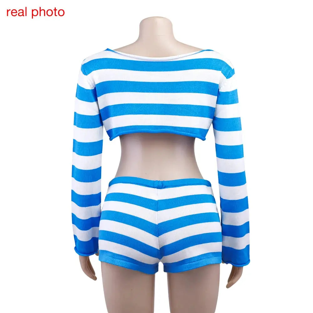 Striped Knit Two Piece Set Off Shoulder Top and Shorts Casual Fashion