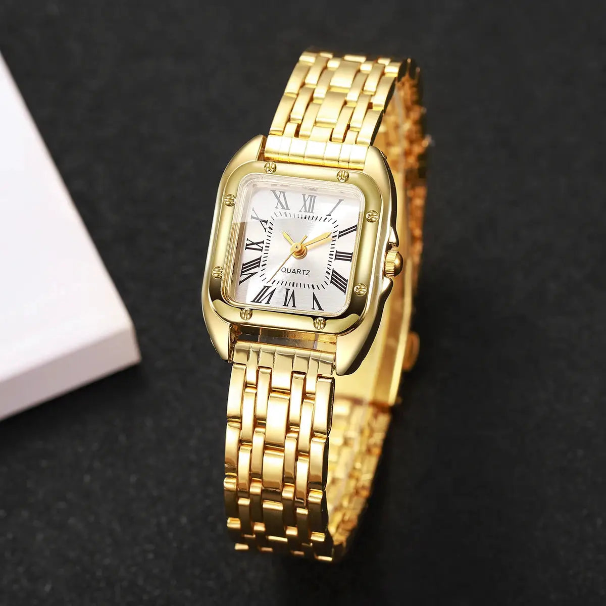 Gold-tone square women's quartz wristwatch with Roman numeral dial and bracelet band