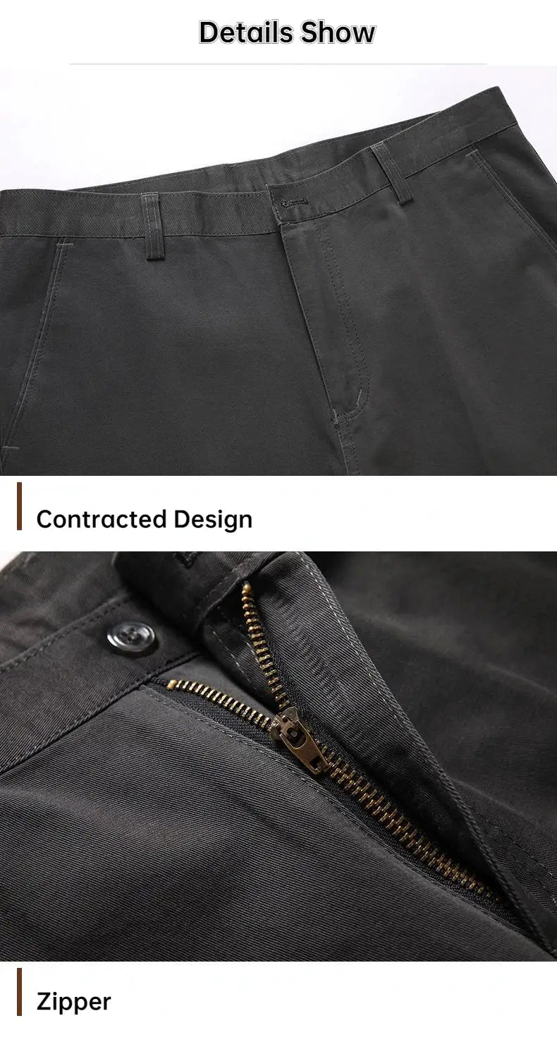Men's office pants, 100% cotton, dark charcoal, straight fit with zipper fly and belt loops.