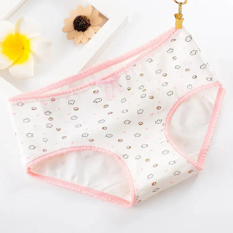Simples Market white cotton seamless panties with pink trim and cartoon bow print