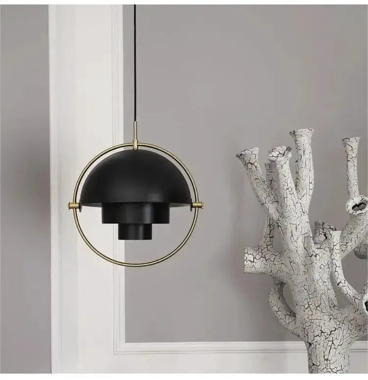 Pendant light for kitchen island, black iron with brass ring, modern LED hanging lamp