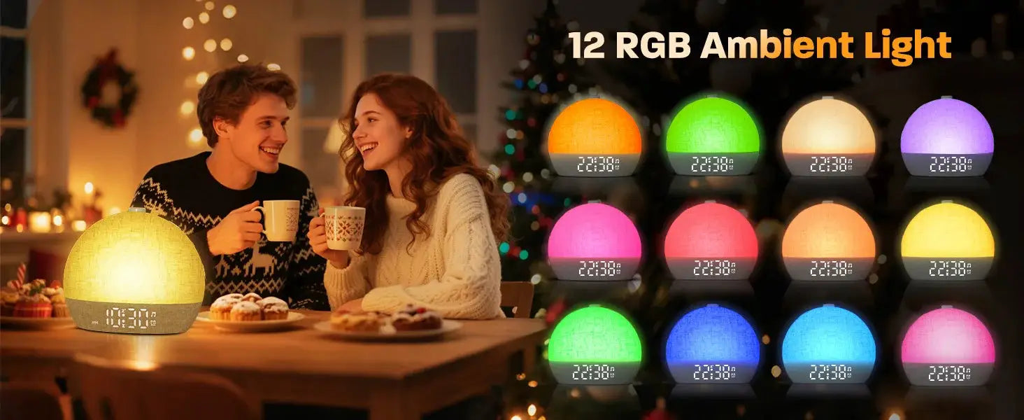 Wake Up Light Sunrise Alarm Clock with 12 RGB ambient lights and warm desk glow