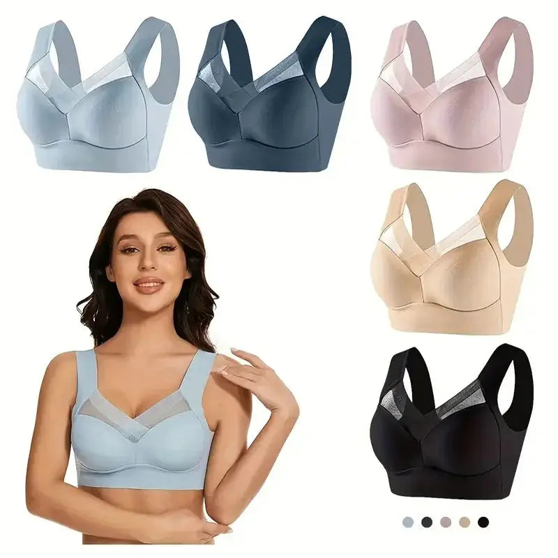 Women's seamless push-up bras in six colors with mesh detailing and chest pads