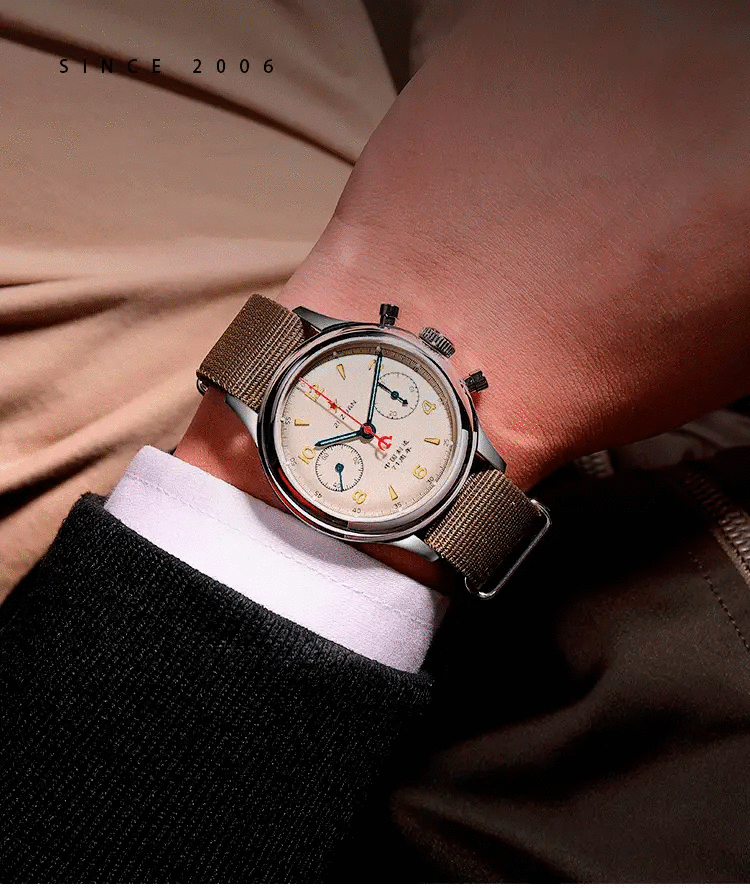 Red Star 38mm men's chronograph pilot watch with Seagull ST1901, cream dial, gold markers, beige canvas strap.