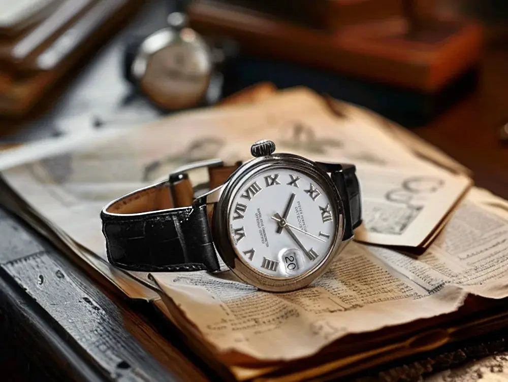 Genuine black leather watch band 12–24 mm shown on a silver watch with a white Roman numeral dial