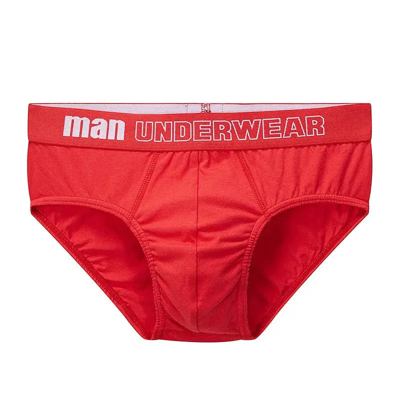 Red men's cotton briefs with white waistband, breathable underwear in M/L size.