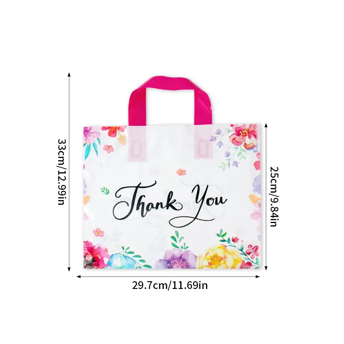 Thank You gift bag with handles; white plastic tote with pink handles and colorful floral border.
