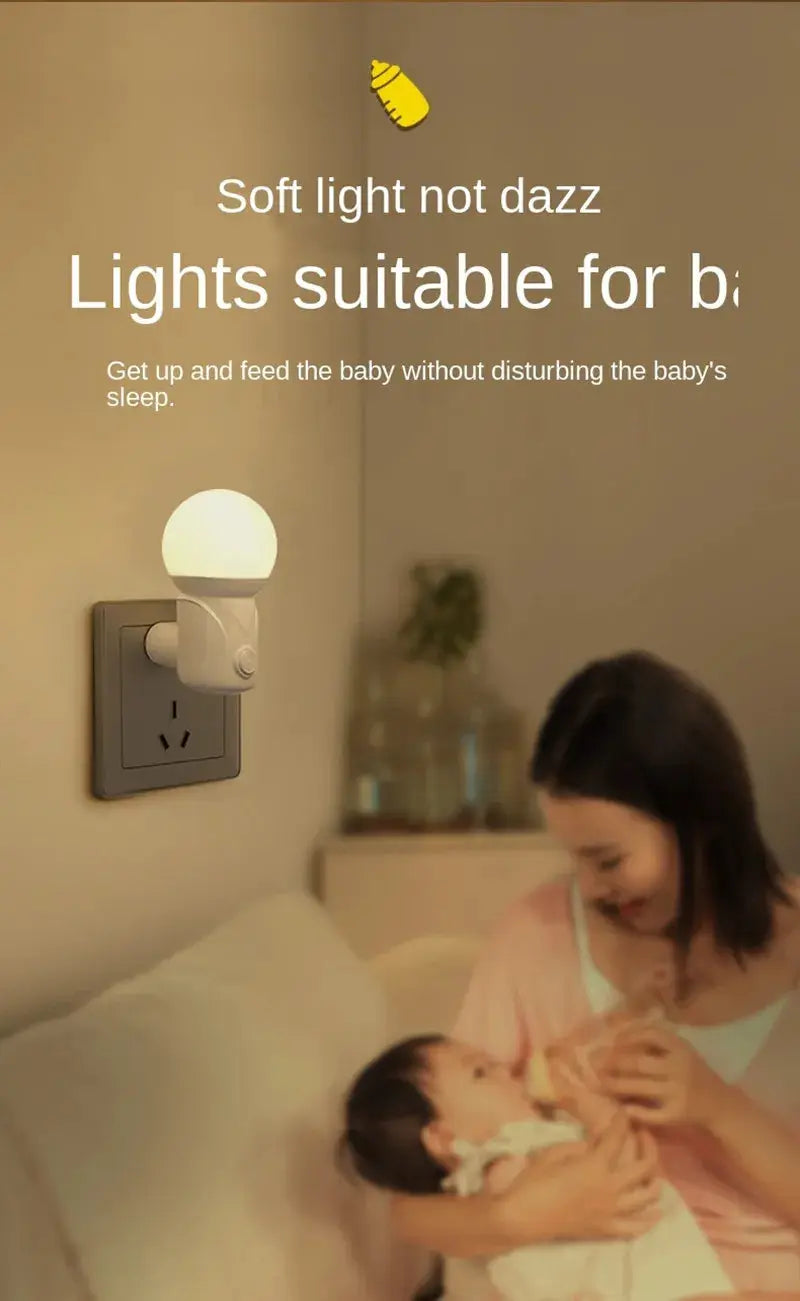 LED night light with EU/US plug; 2-color dimmer, warm eye-protective glow beside sofa with mother and baby
