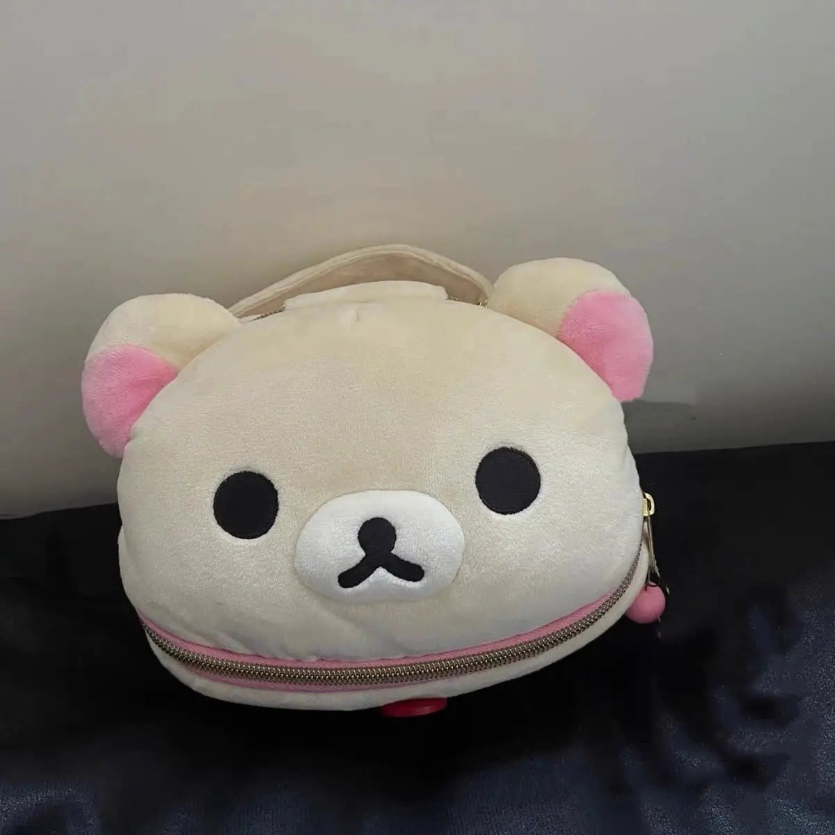 Cute Plush Bear Elliptical Makeup Bag For Travel Portable Cosmetic Case With Handy Handle