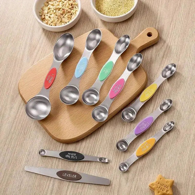 ChefMate Stainless Steel Double Headed Measuring Spoon Set 9 Piece With Magnetic Suction And Precise Scale