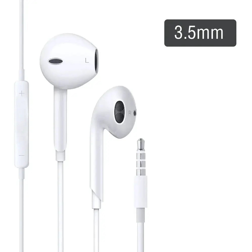White wired earphones with inline remote and 3.5mm plug