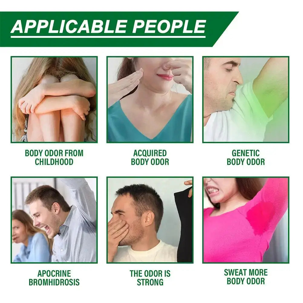 Simples Market natural plant-based underarm deodorant cream; 6 panels show various body odor scenarios.