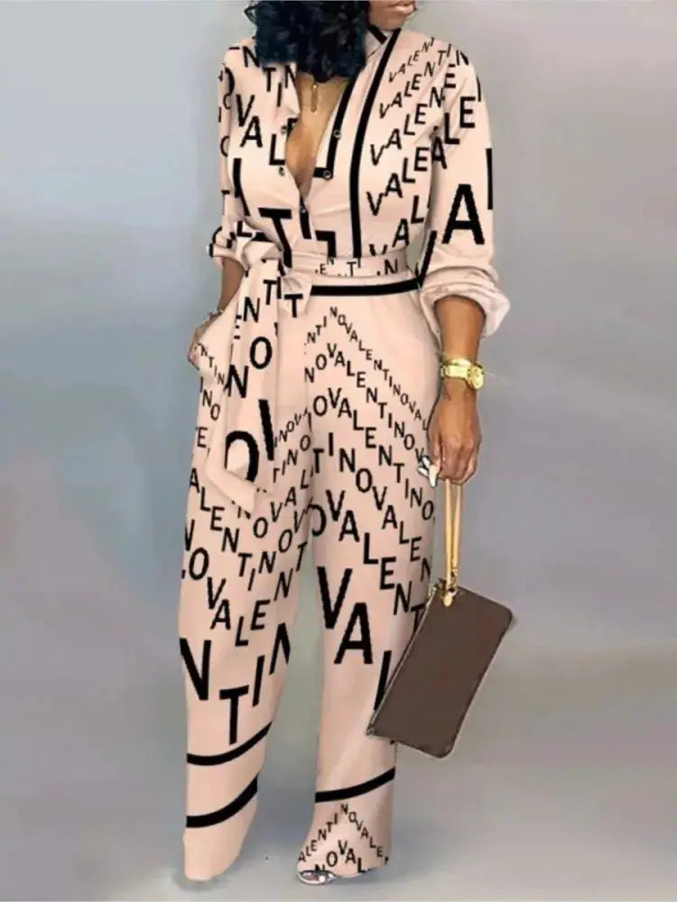 Women's long-sleeve jumpsuit in beige with black Valentino letter print, belted waist, Simples Market