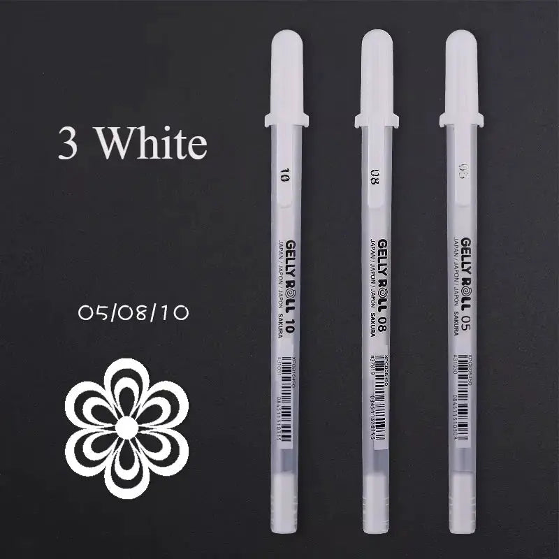 3 white Sakura Gelly Roll gel pens with assorted tip sizes for journaling and art