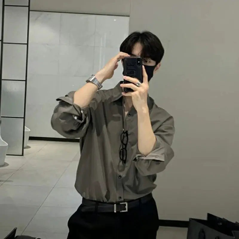 Men's light grey solid long-sleeve shirt, slim-fit casual business top