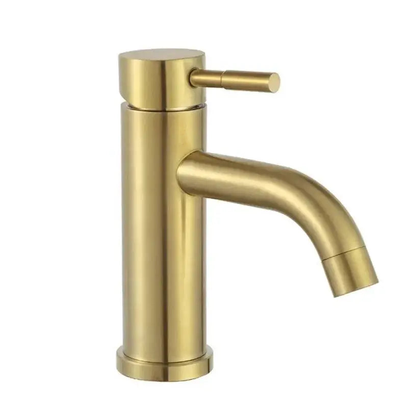 Brushed gold 2-hole deck-mount bathroom faucet with cylindrical body, top lever, and curved spout.