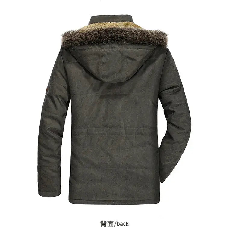 Men's hooded fur-collar down parka by Simples Market, black long winter jacket