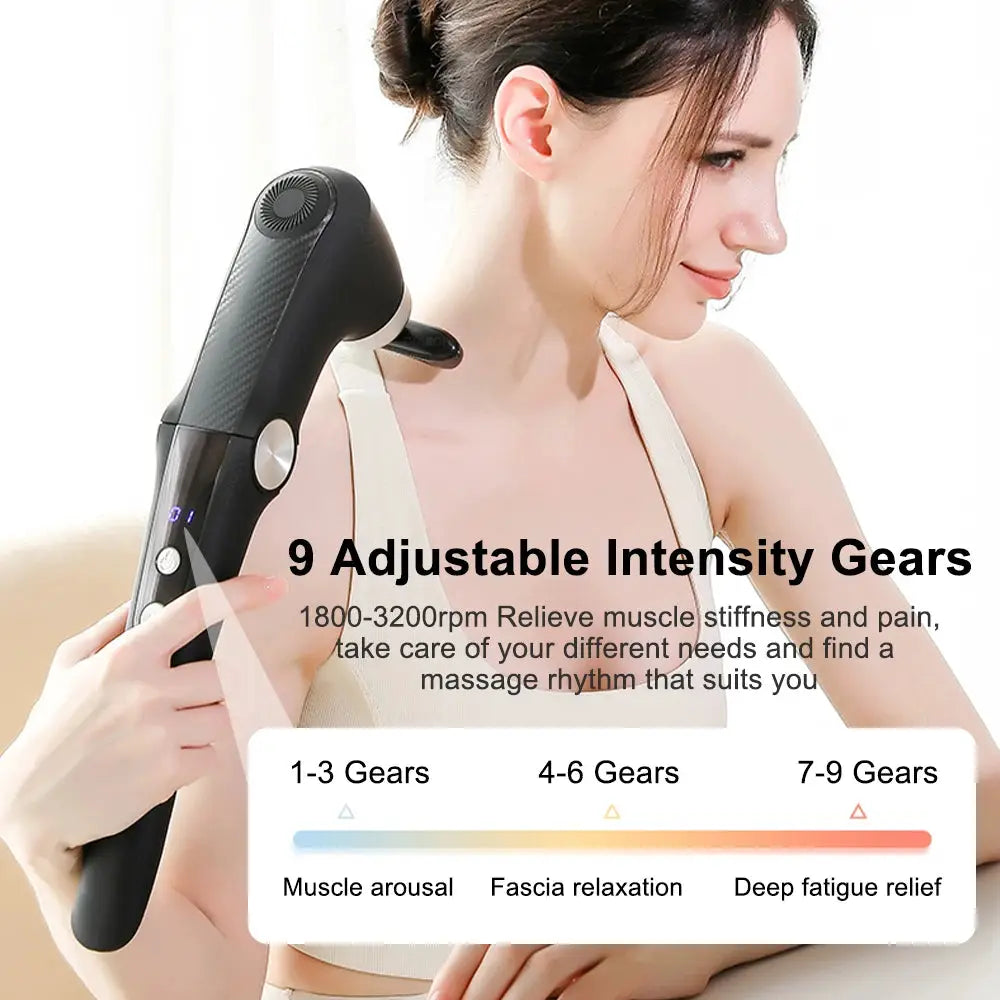 Fascia massage gun by Simples Market, black handheld electric muscle massager with handle.