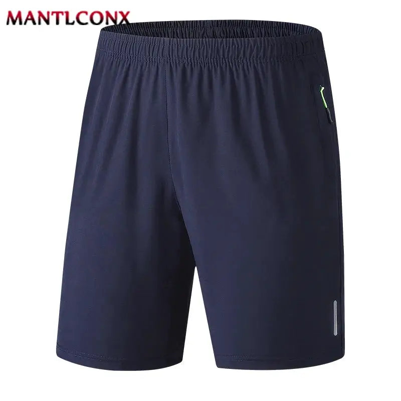 3XL men's navy quick-dry jogging shorts with neon zip pocket and elastic waistband, MANTLCONX logo visible