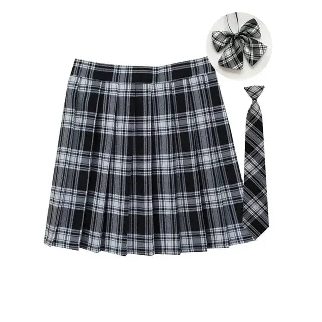 Women's plaid pleated mini skirt two-piece set with necktie bow, black and white check, Simples Market