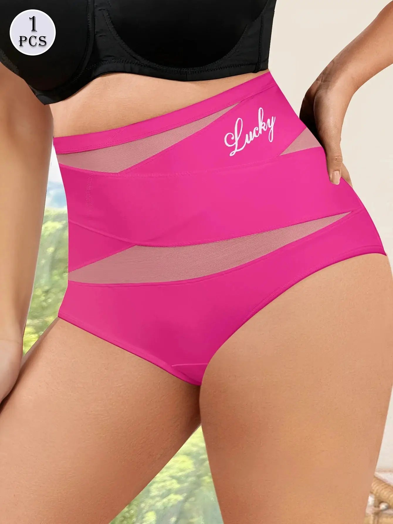 High-waisted women's panties in pink with beige mesh cross panels for tummy cinching and Lucky logo, breathable mesh