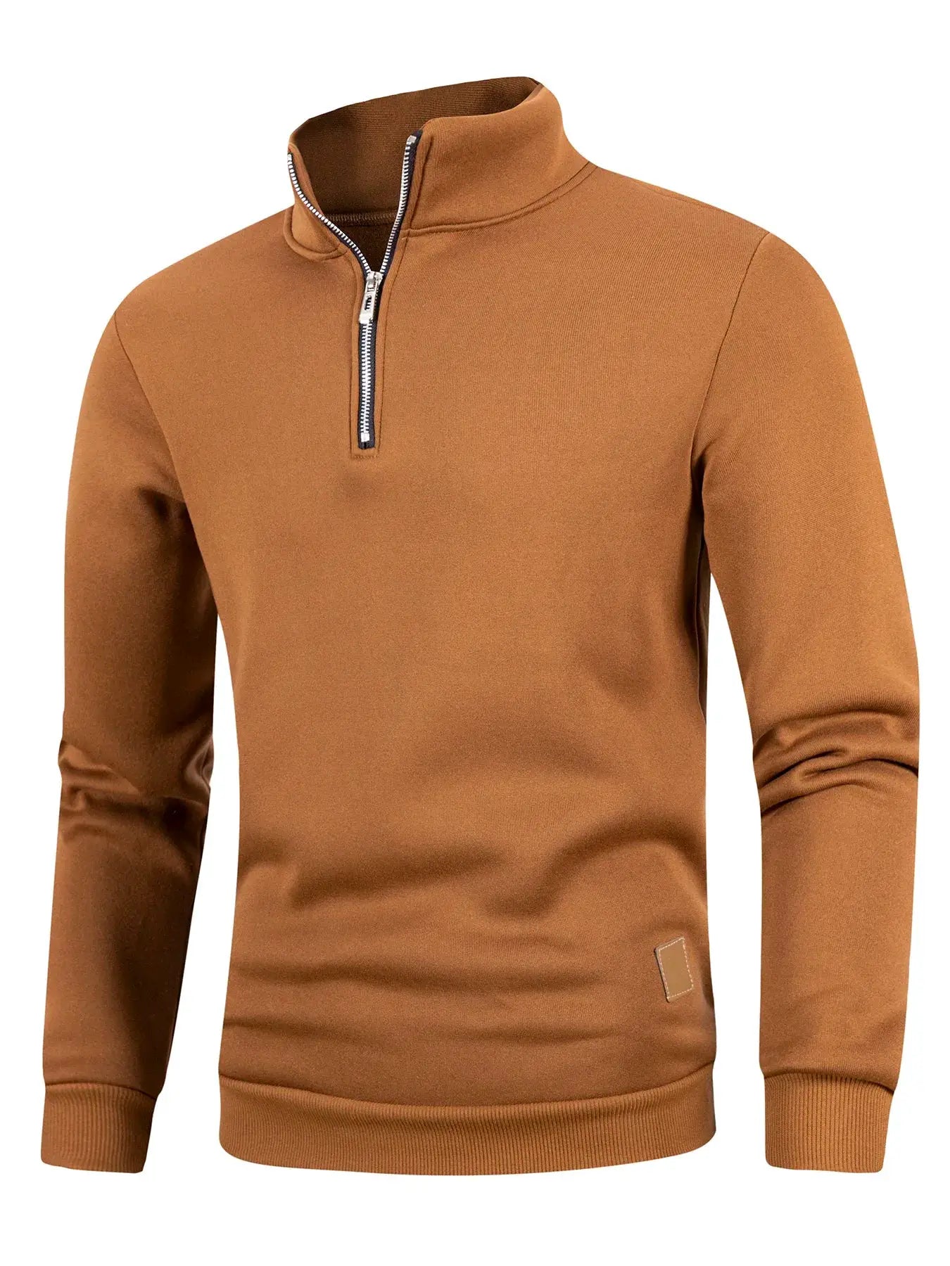 Men's camel brown zip-up pullover sweater with stand-up collar and long sleeves.