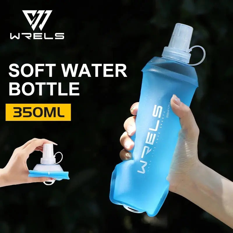 WRELS blue soft folding TPU water bottle, 350ml, with white cap and carry loop