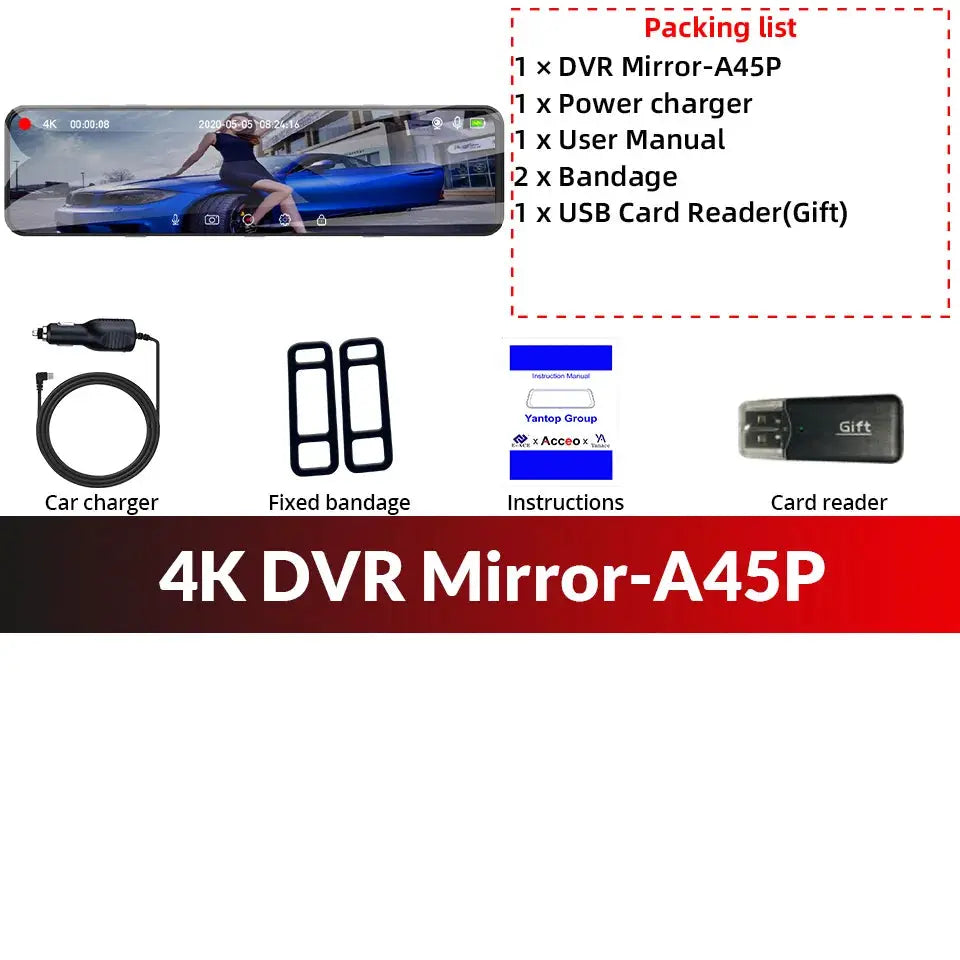 Simples Market 4K DVR Mirror-A45P dash cam with 12-inch display; includes car charger, 2x bands, user manual, and USB card reader