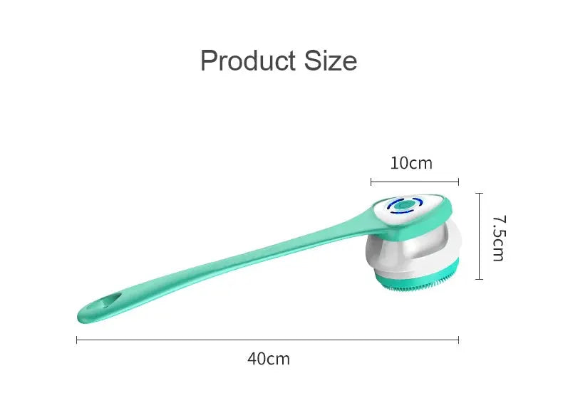 5-in-1 rechargeable electric shower cleaning brush by Simples Market with long green handle and silicone head