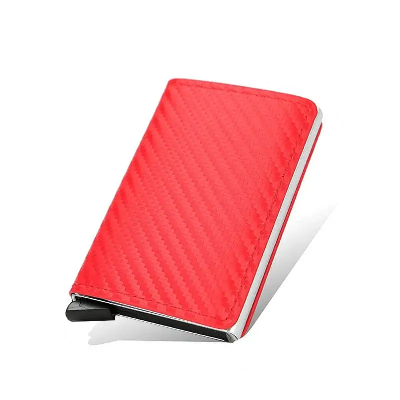 Red carbon fiber RFID-blocking card holder wallet with automatic pop-up card tray, minimalist men's wallet