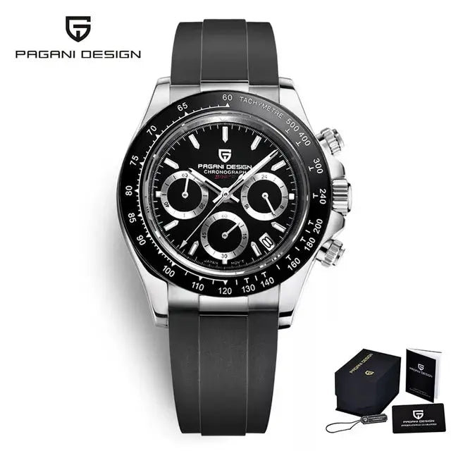 Pagani Design 40mm V2 watch with black dial, stainless steel case, silicone strap; comes with box and cards