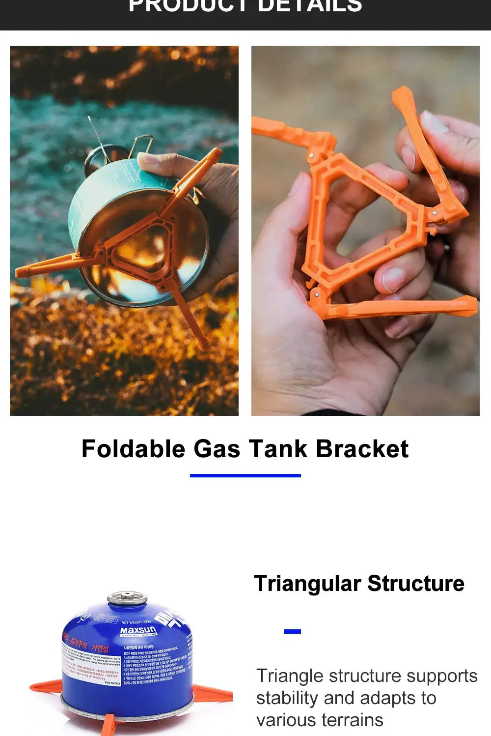 Foldable orange gas tank bracket with a triangular frame for camping stoves, shown with a blue Maxsun canister.