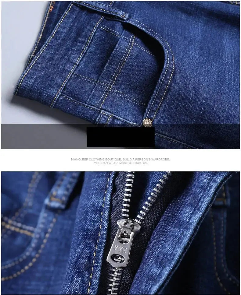 Men's blue denim jeans with yellow stitching and YKK zipper detail
