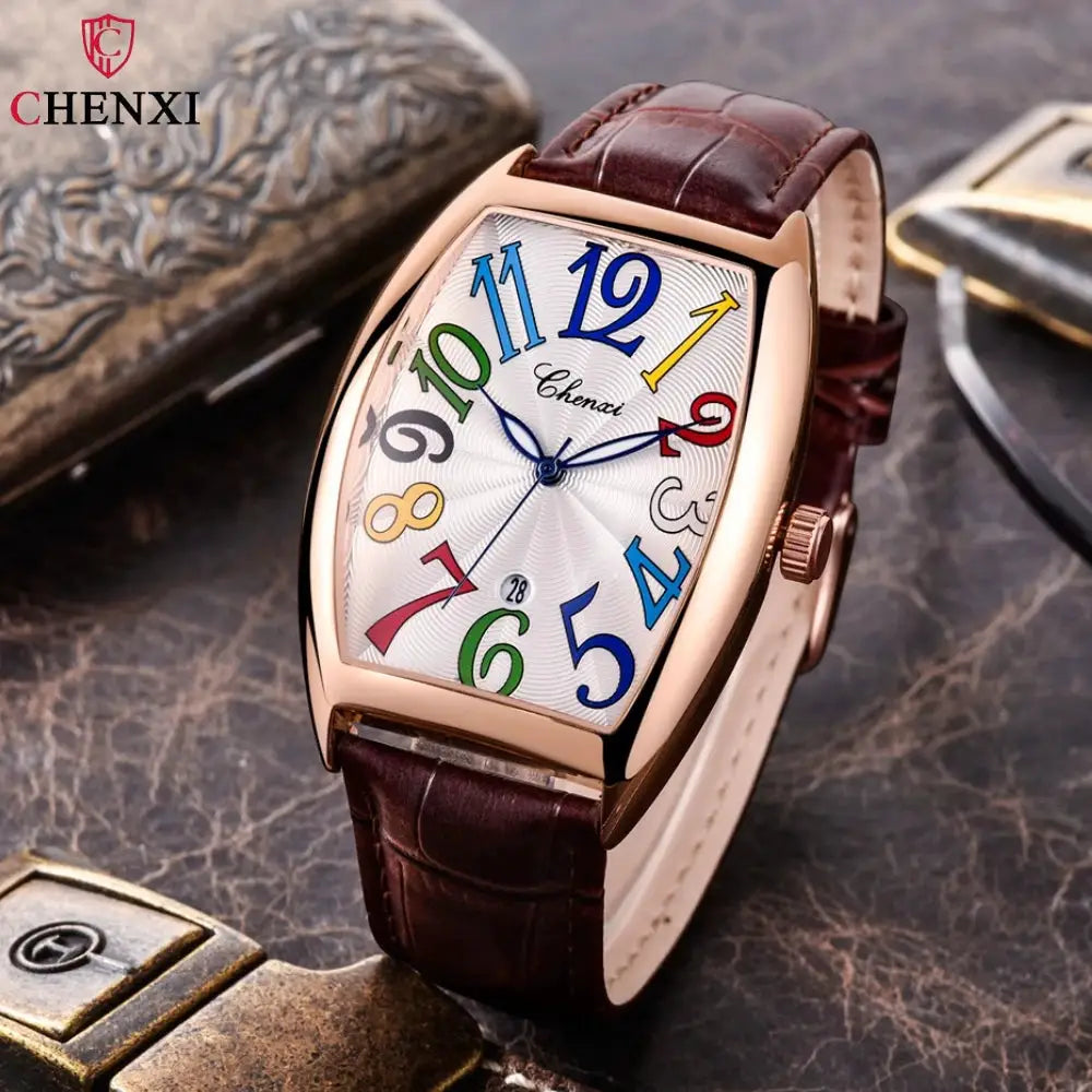 CHENXI men's watch with rose-gold case, brown leather strap, curved glass and colorful numerals