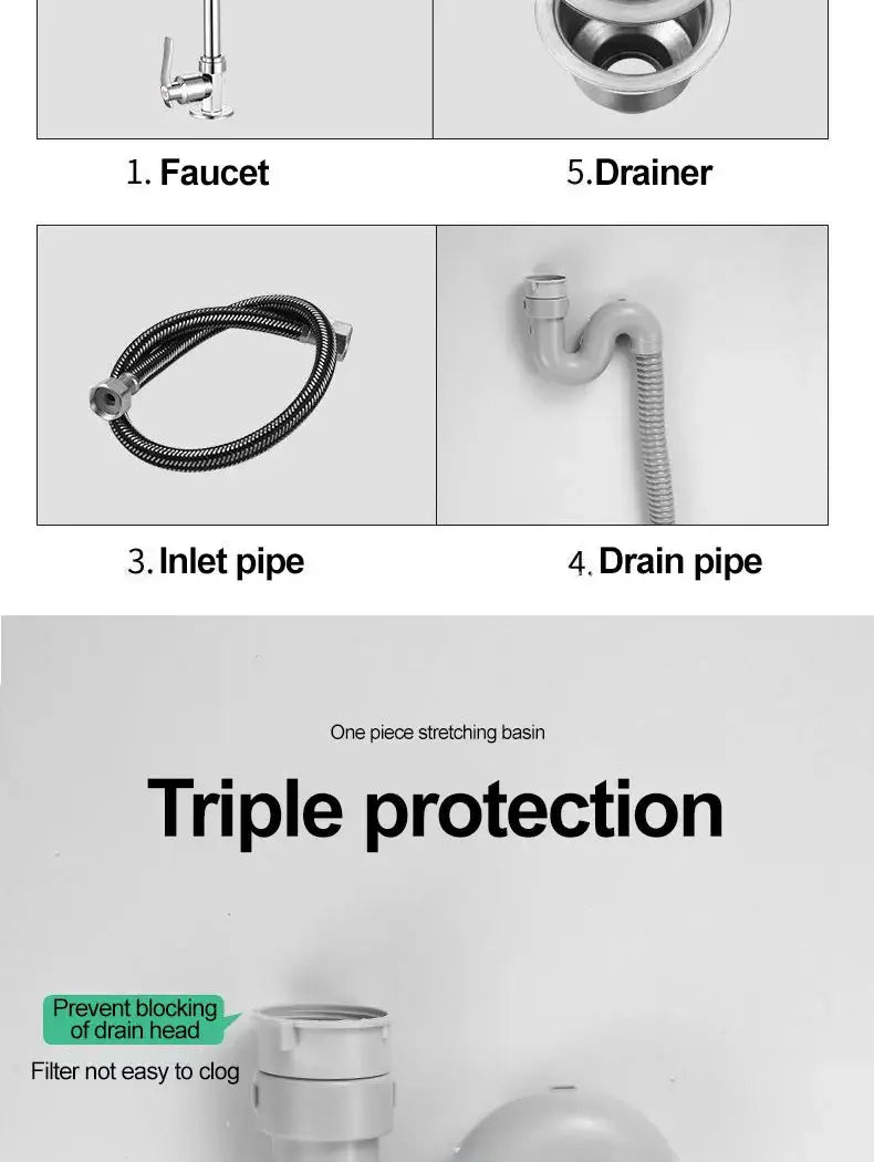 Thickened 304 stainless steel basin with bracket; Simples Market kit includes faucet, inlet pipe, drain pipe and drainer