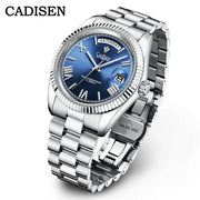 CADISEN men's automatic watch with blue dial and stainless steel bracelet, 100m water resistant.