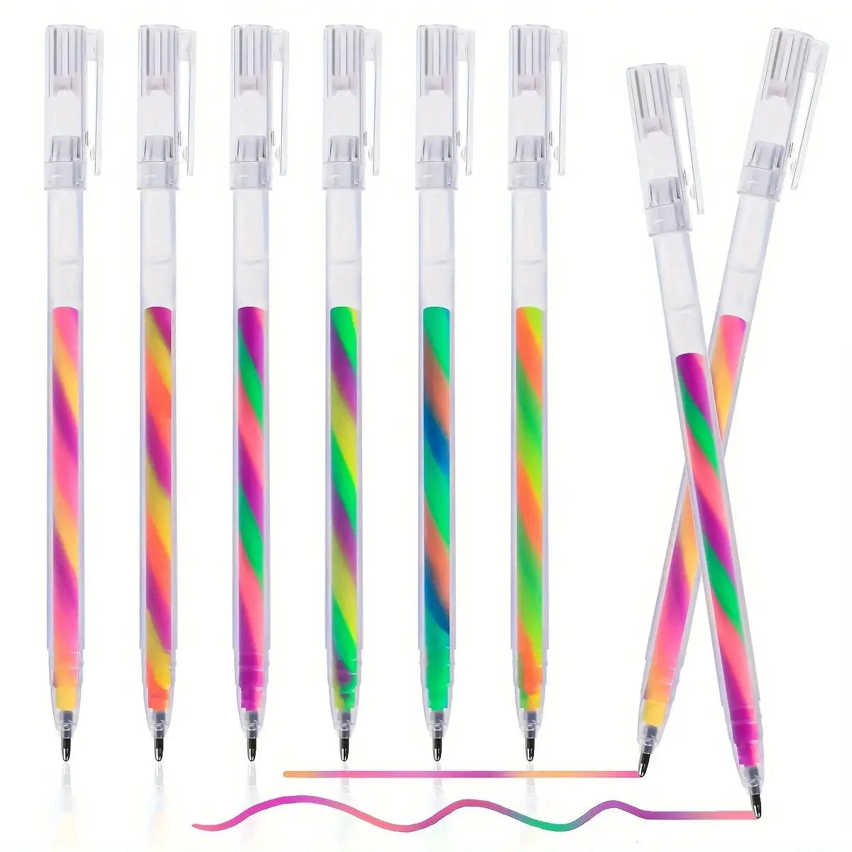 6pc glitter gel highlighter pen set with 1.2mm tips in vibrant rainbow colors, clear barrels with swirl design