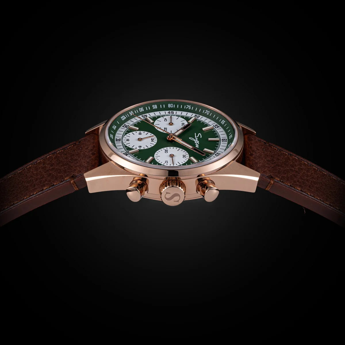 Sugess men’s 38mm chronograph watch with green roulette dial, rose-gold case and brown leather strap