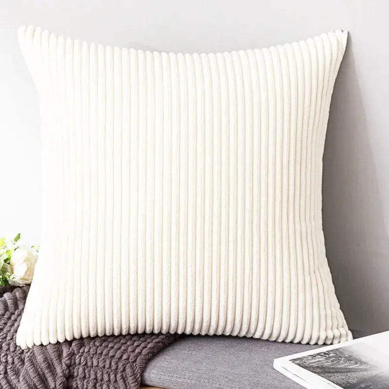 Simples Market pillow cover, cream corduroy with vertical stripes, for couch or bed.