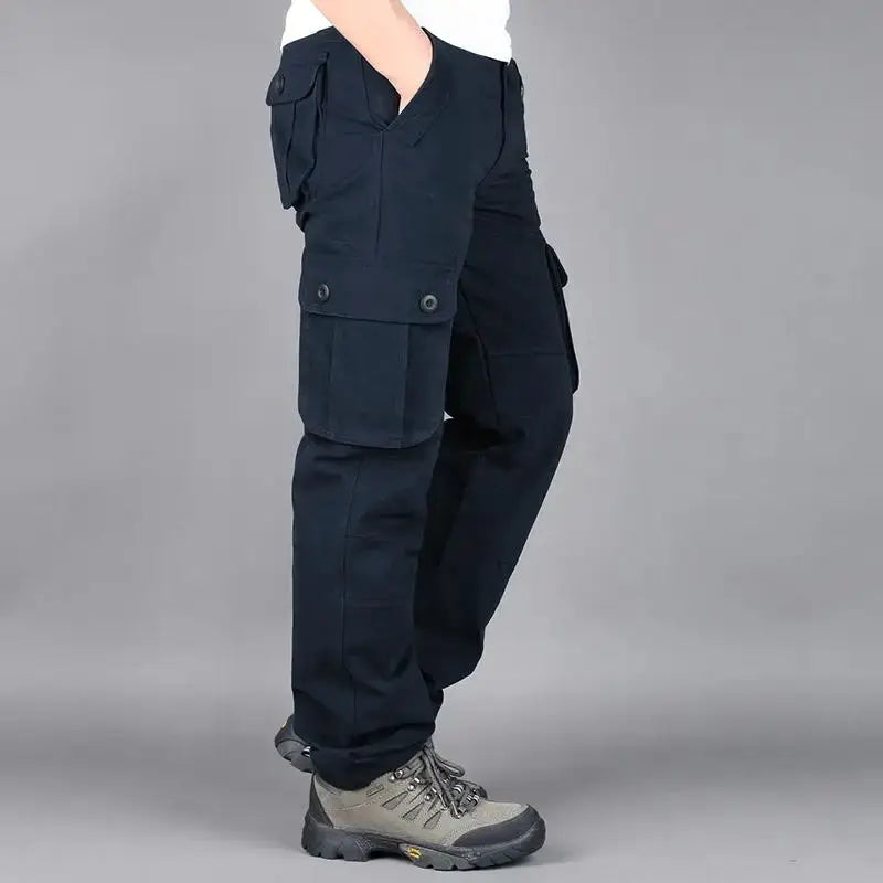 Men's tactical cargo pants in navy cotton with large thigh cargo pockets for outdoor work