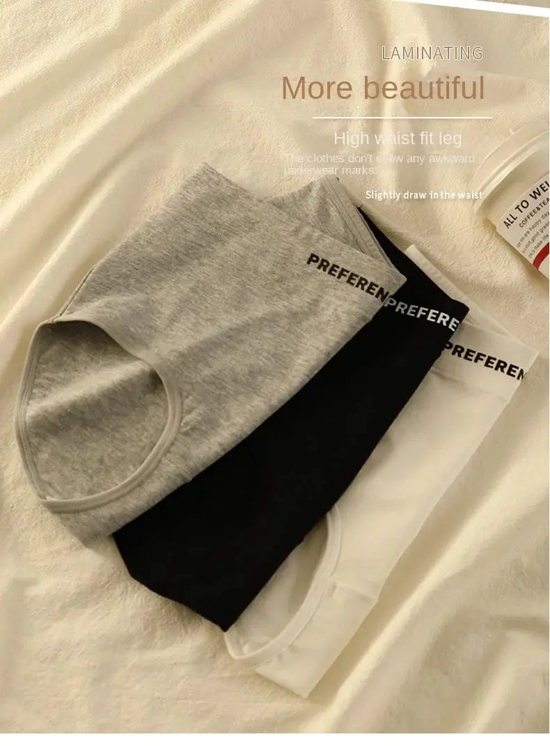 3-pack cotton high-waist women's panties in gray, black and white with PREFEREN waistband.